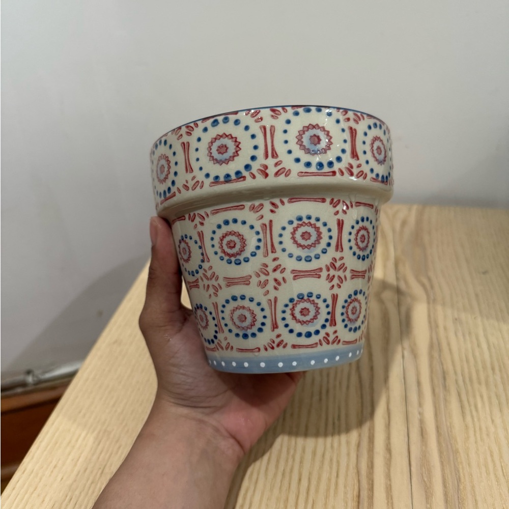 Decorative Ceramic Pot with Red and Blue Patterns